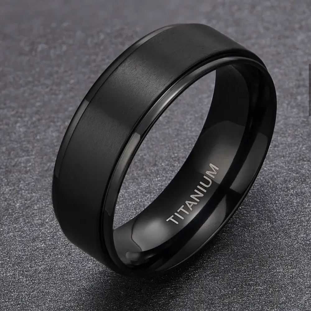 Black Titanium Steel Gold Plated Beveled Edge Wedding Band Ring 8mm